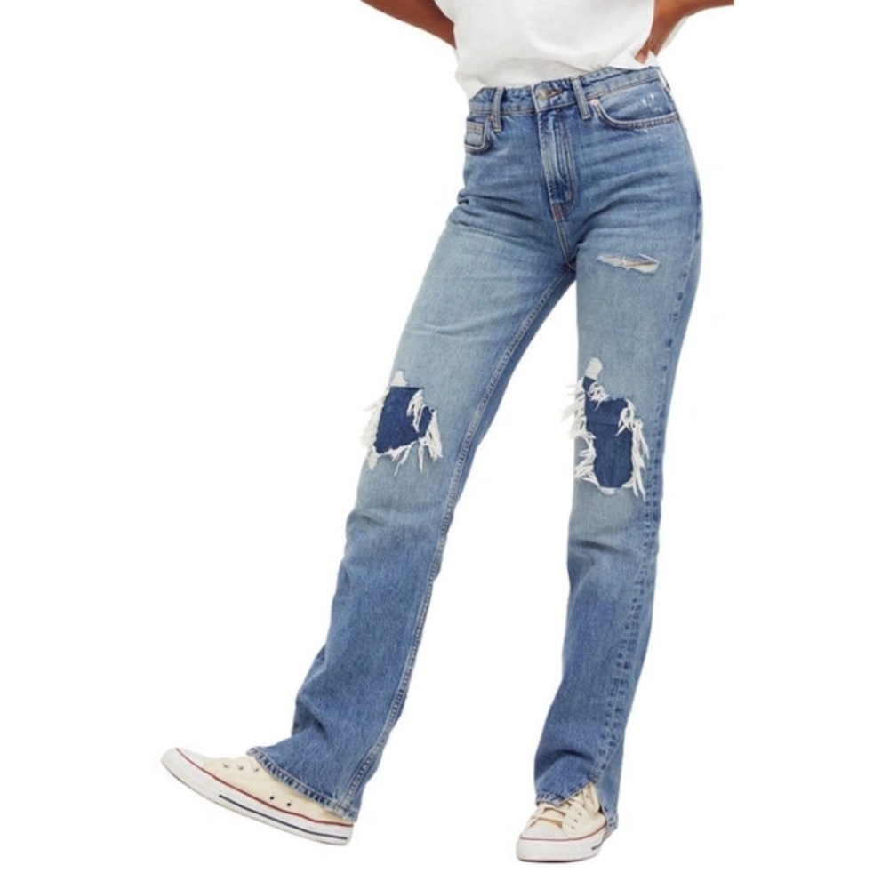 We The Free People 100% Cotton My Own Lane Ripped Straight Leg Jeans Size 28
